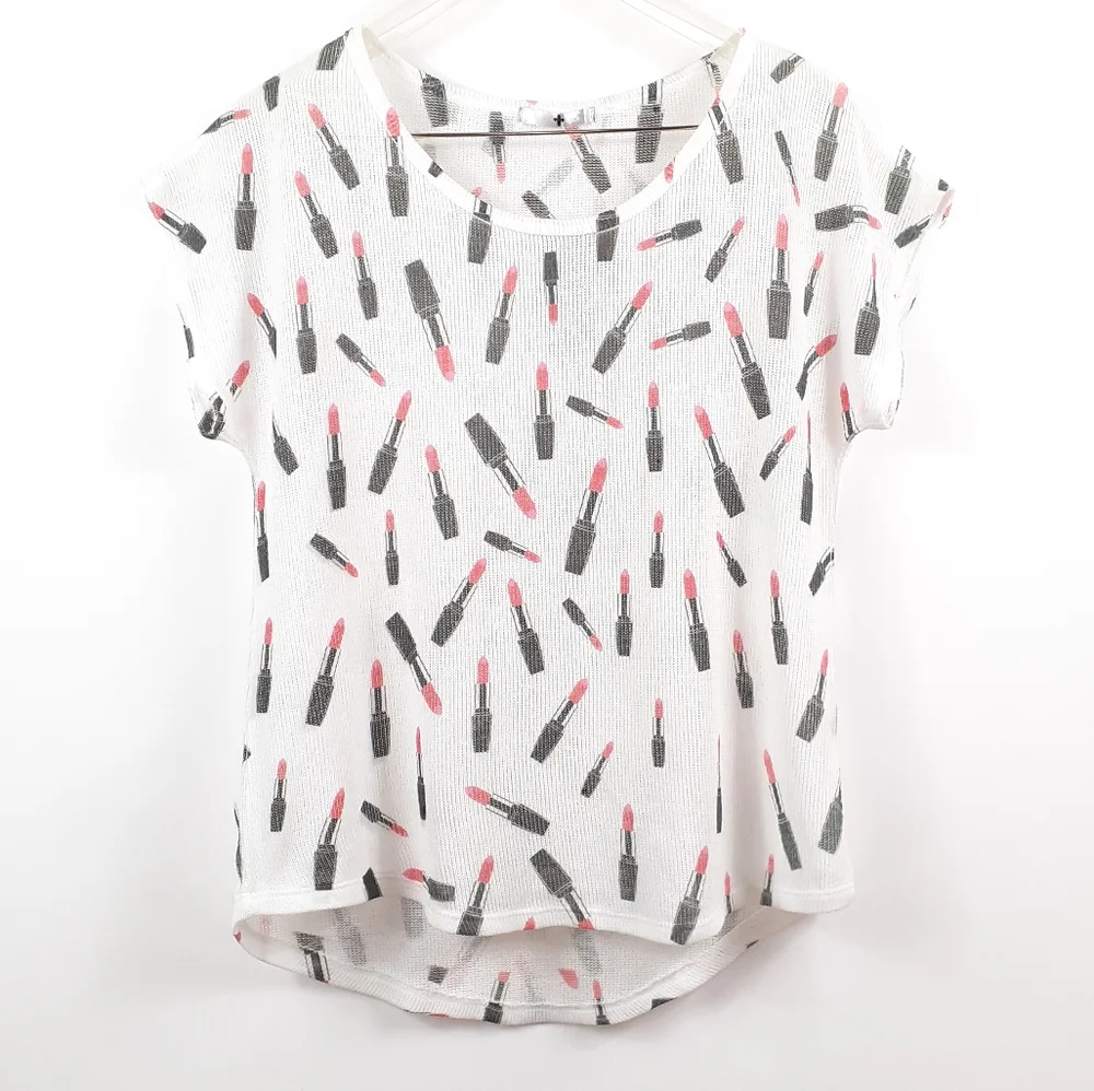 4/$25 NWT Blu Planet White Knit Scoop Neck Short Sleeve Lipstick Makeup Shirt XL_11